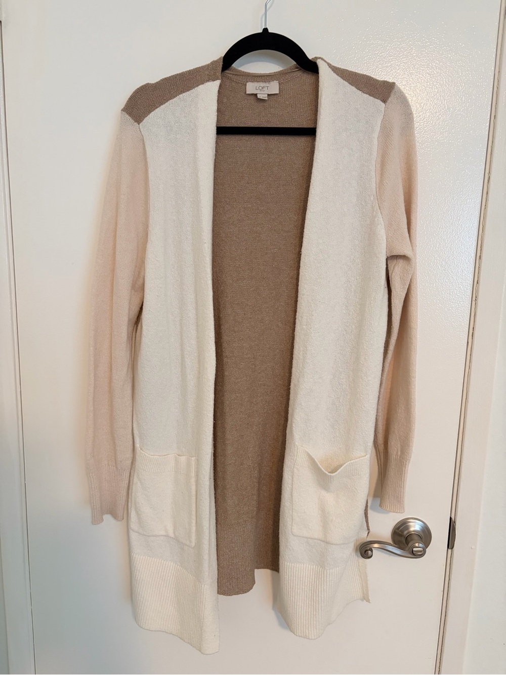 LOFT Long Two-Tone Open Cardigan - Cream & Tan
